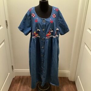 Denim Nautical Sailboat‎ Anchor Embroidered Button Front Midi Dress Plus Size